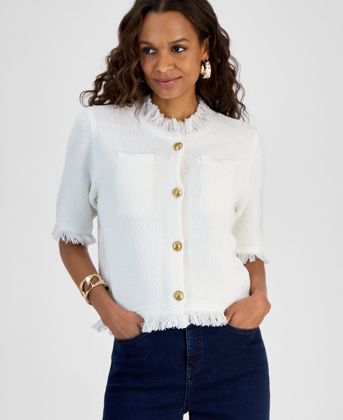 Inc International Concepts Petite Short-sleeve Cardigan, Exclusively At Macy's In White
