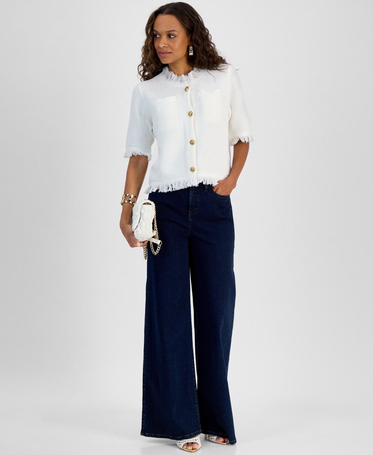 Inc International Concepts Petite Short-sleeve Cardigan, Exclusively At Macy's In White