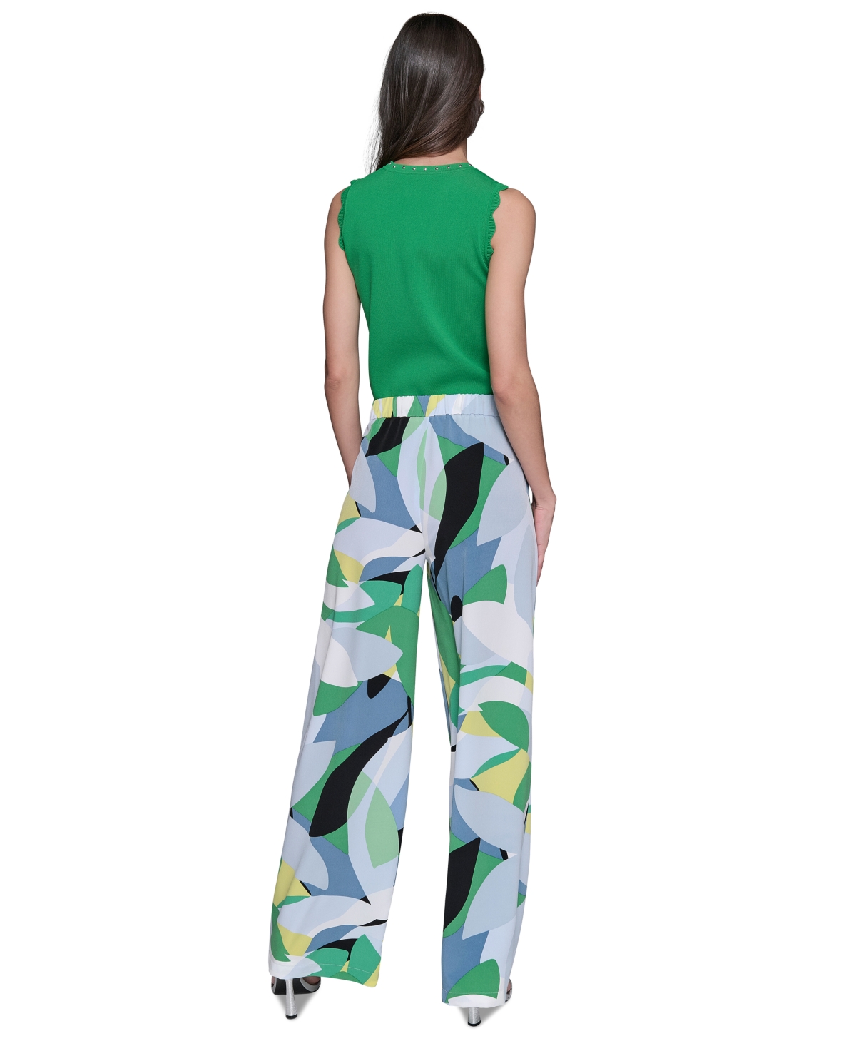 Shop Karl Lagerfeld Women's Geo-print Wide-leg Pants In Flore Green  Chambray