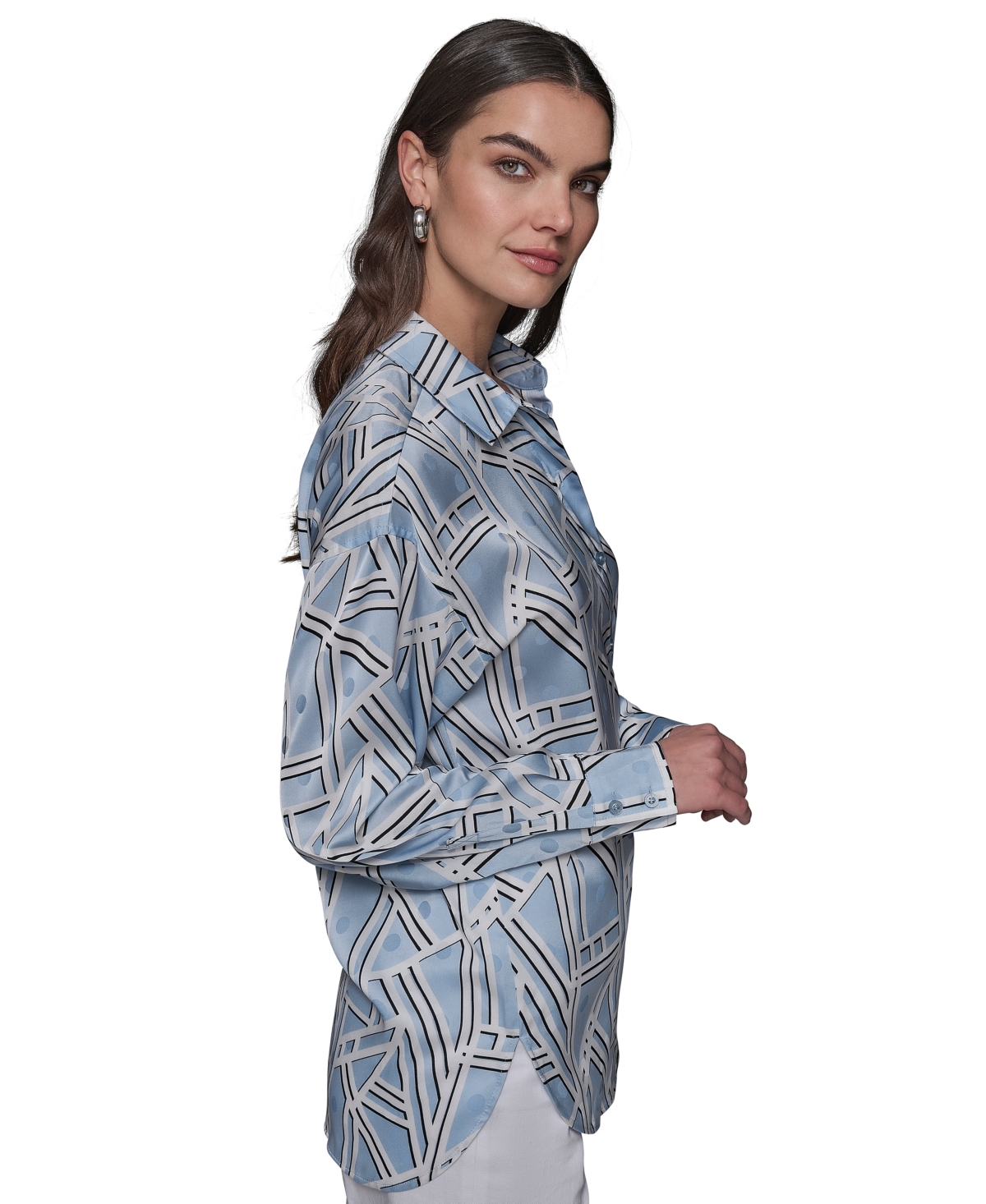 Shop Karl Lagerfeld Women's Satin Geo-print Oversized Button-front Top In Chambray Blue