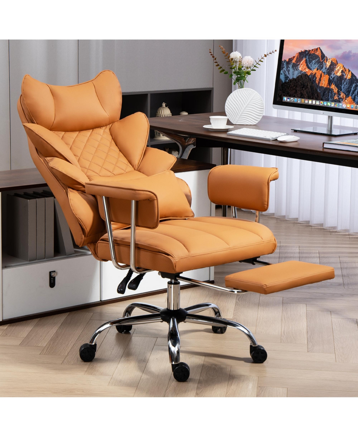 Dyhome Faux Leather Gaming Chair, Ergonomic High-Back Office Chair With Tilt and Swivel, Reclining Computer Desk for Women, Men