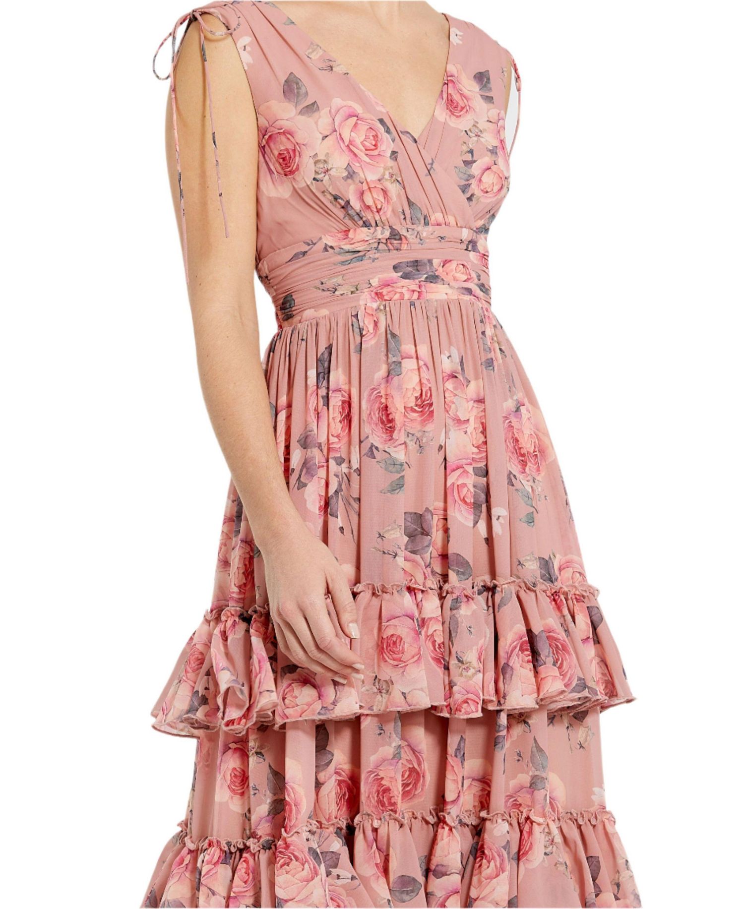 Women's Drawstring Shoulder Floral Chiffon Tiered Gown