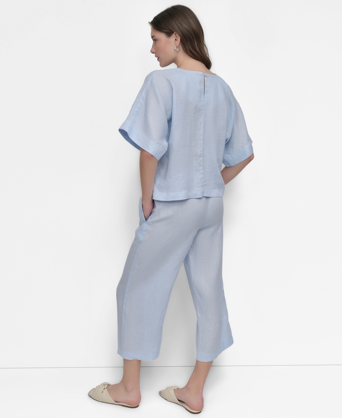 Dkny Linen Drop Shoulder Short Sleeve Top In Skyway Blue