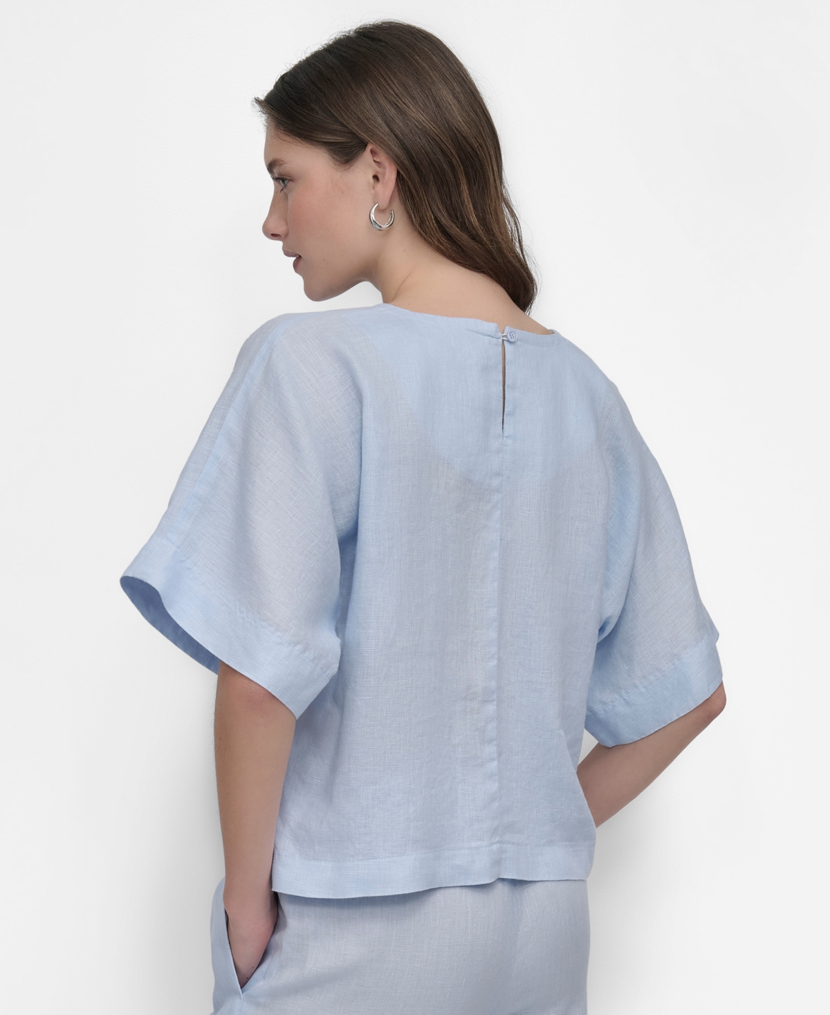 Dkny Linen Drop Shoulder Short Sleeve Top In Skyway Blue
