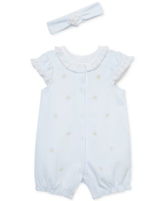 Little Me - Baby Girls 2-Pc. Embroidered Daisy Stripe Romper & Headband Set