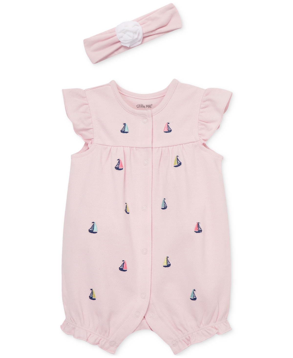 Shop Little Me Baby Girls 2-pc. Embroidered Cotton Romper & Headband Set