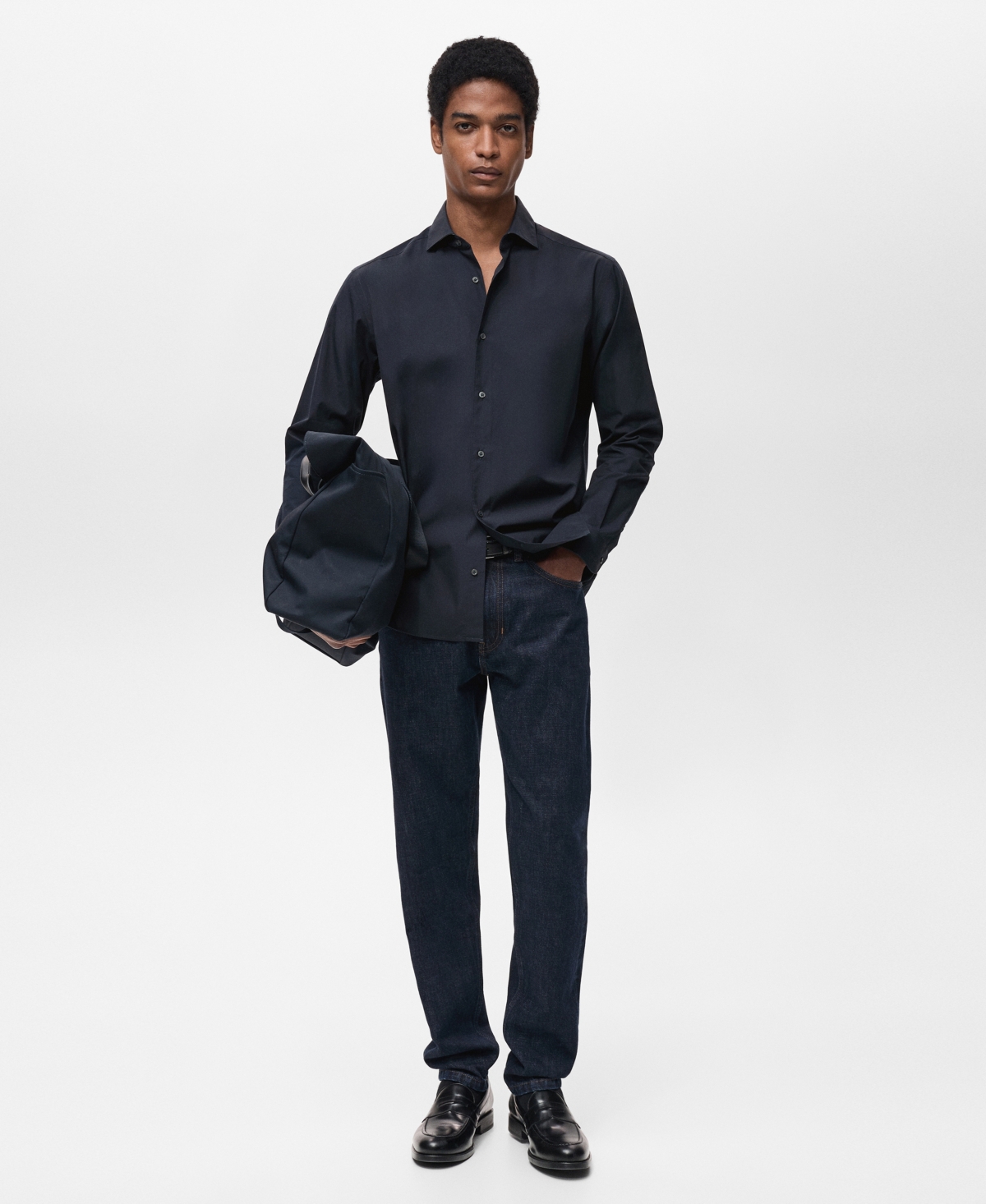 Mango Regular Fit Solid Cotton Button-up Shirt In Dark Navy