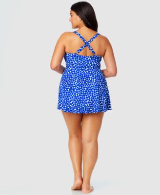 Anne Cole Plus Size Denim Dot Surplice-Neck Swim Dress