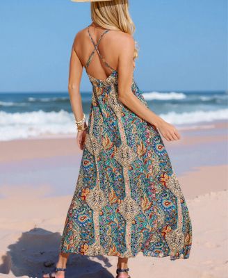 Женское пляжное платье макси с глубоким вырезом в стиле бохо и пейсли CUPSHE