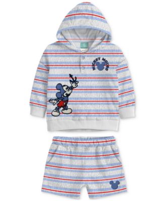 Disney - Baby Boys 2-Pc. Mickey Mouse Stripe Hoodie & Shorts Set