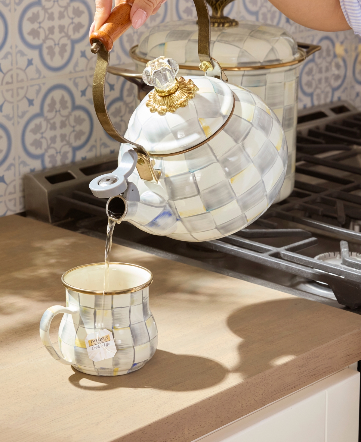 MACKENZIE-CHILDS STERLING CHECK WHISTLING 2-QT. TEA KETTLE 