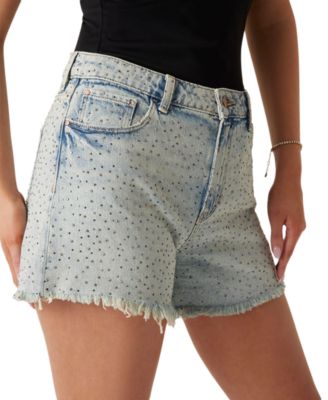Women's Embellished High Rise Cotton Denim Shorts