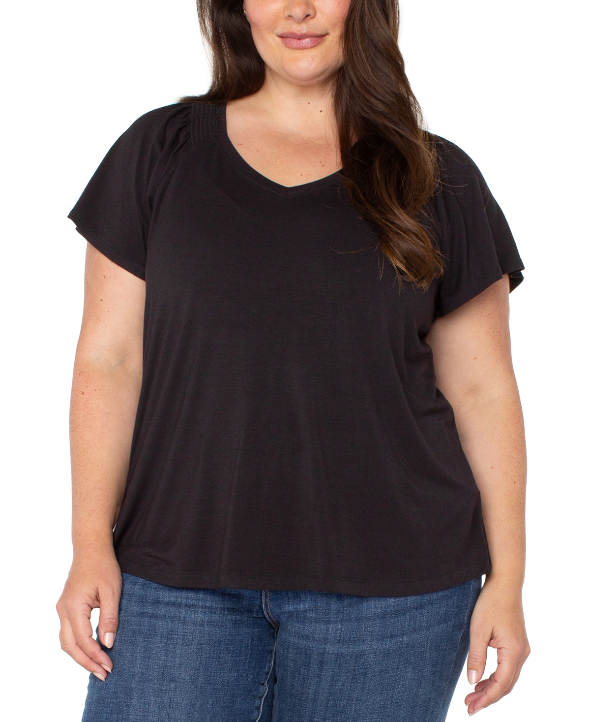 Liverpool Los Angeles Liverpool Plus Size V-neck Flutter Sleeve Top In Black