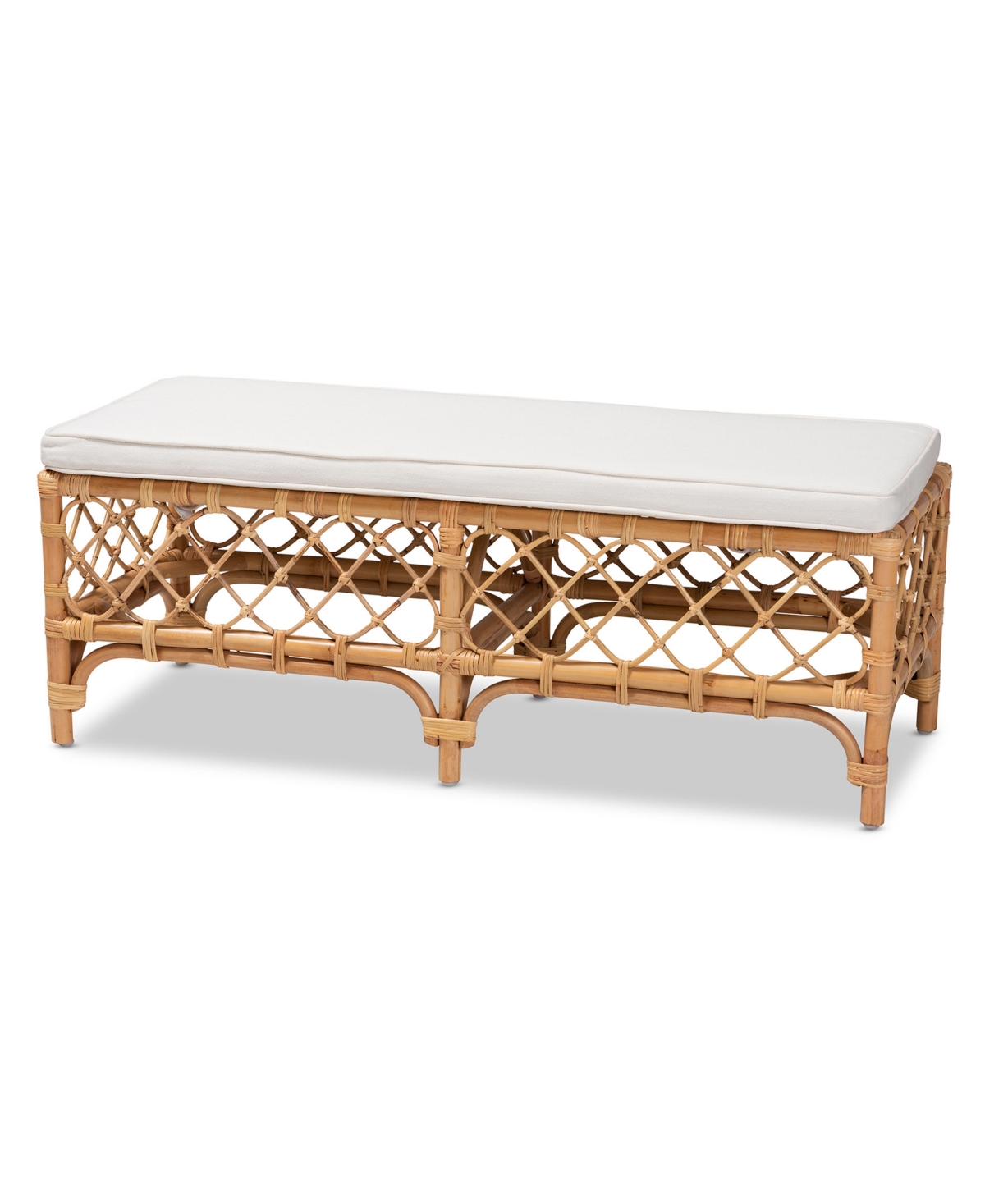 Bali & Pari 48" Upholstered And Natural Rattan Orchard Modern Bohemian Accent Bench In White,natural Brown