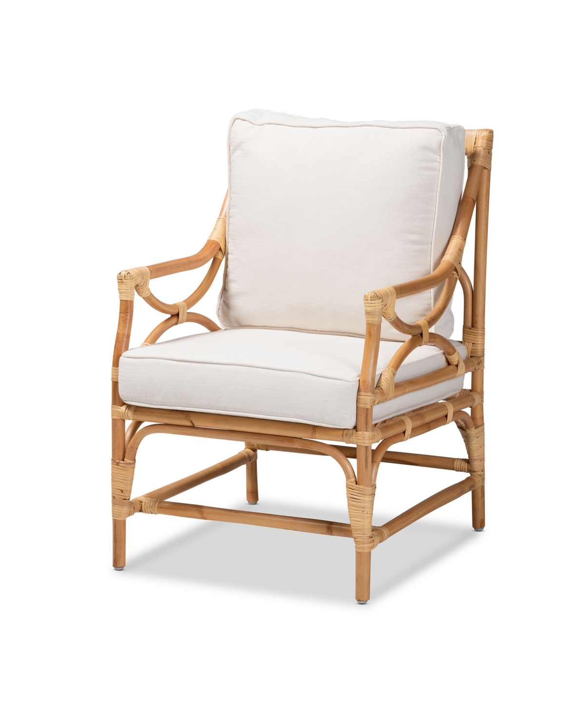 Bali & Pari 23.6" Upholstered And Rattan Brandon Modern Bohemian Armchair In White,natural Brown