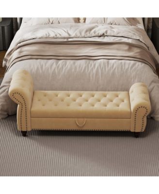 64.5 Inch Velvet Upholstered Storage Bench, Tufted Bed Bench with Nailhead Trim for Bedroom