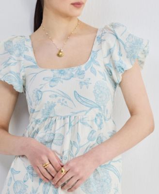 Women's Puff Sleeve Tiered Midi Dress in Blue Florals