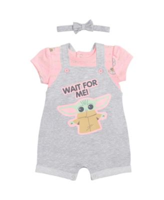 Baby Girls Star Wars Yoda French Terry Snap Short Overalls T-Shirt and Headband 3 Piece Outfit Set