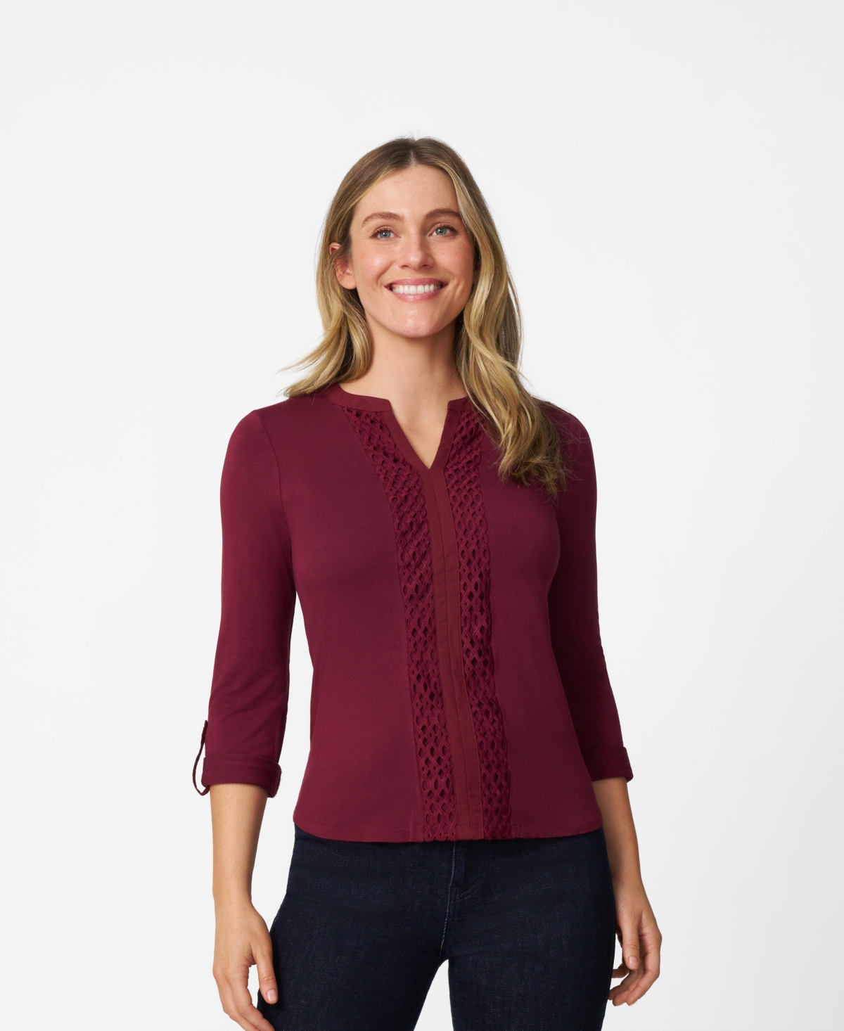 Women's Lace Trim Henley Top - Tawny port