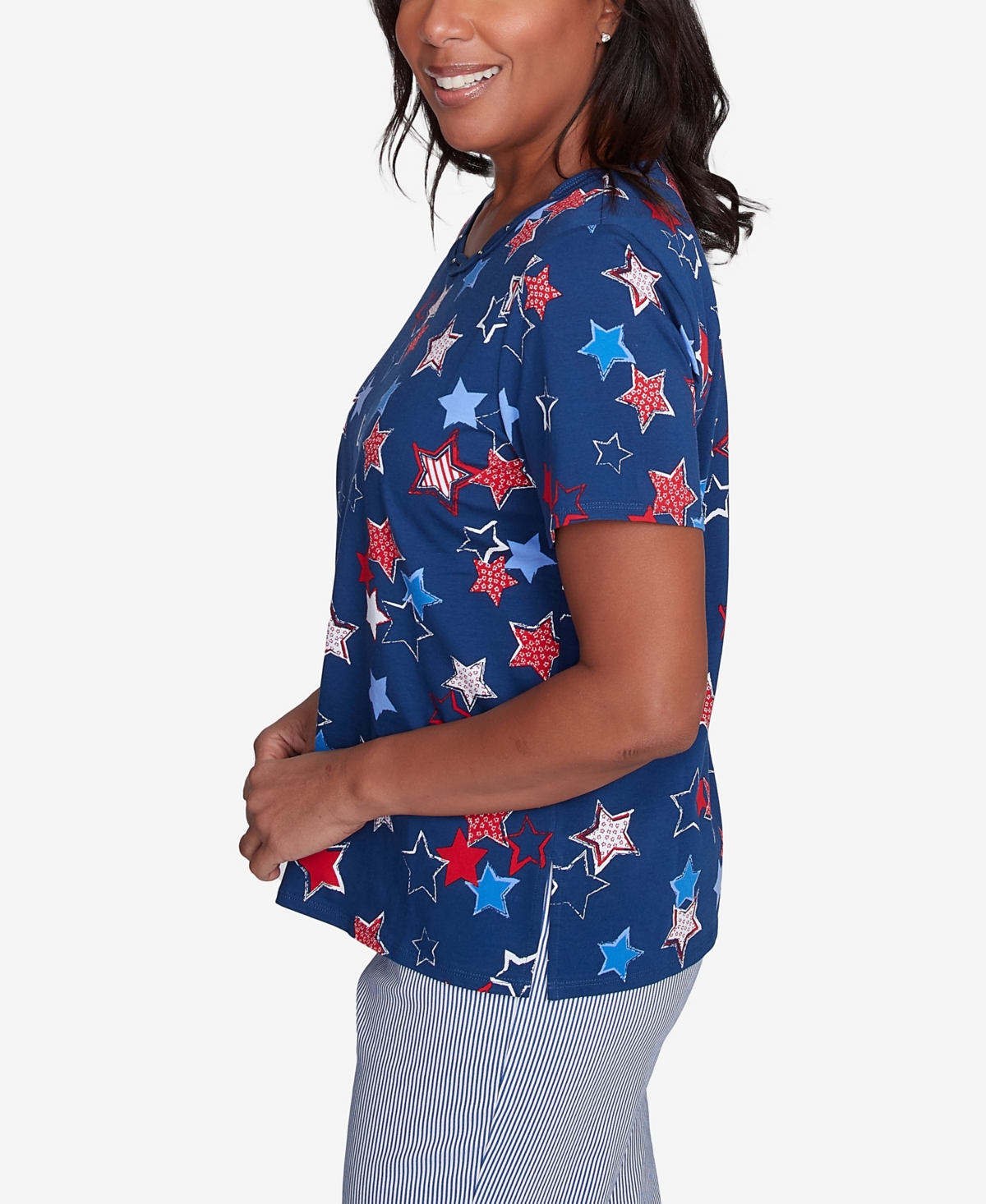 Alfred Dunner Plus Size Star Studded Crew Neck Tee In Navy