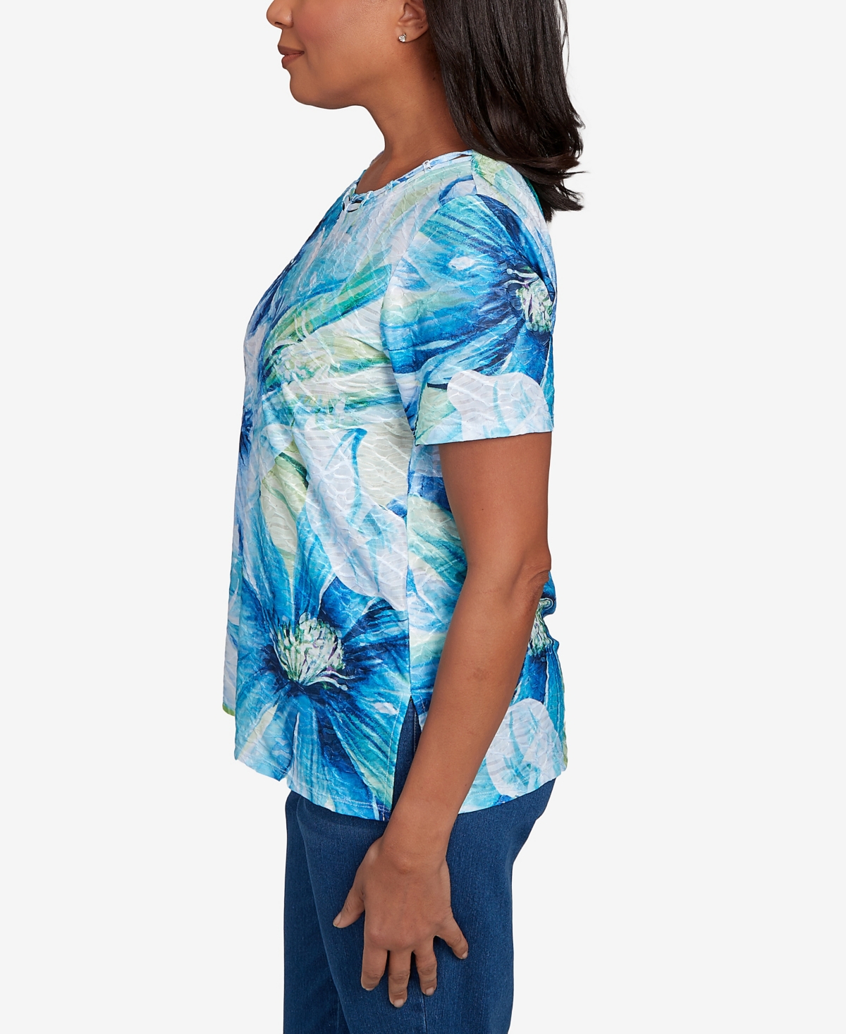Alfred Dunner Petite Summer Breeze Floral Watercolor Top In Blue
