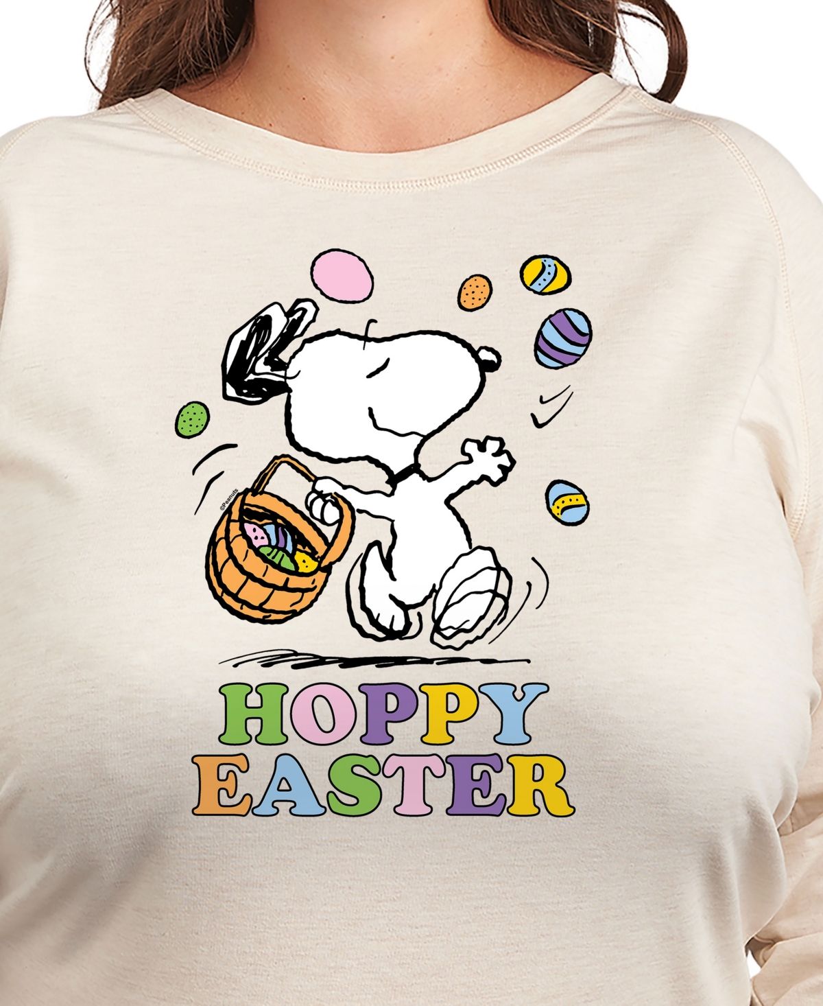 Hybrid Apparel Plus Size Peanuts Snoopy Hoppy Easter Graphic Pullover T-shirt In Beige,khaki