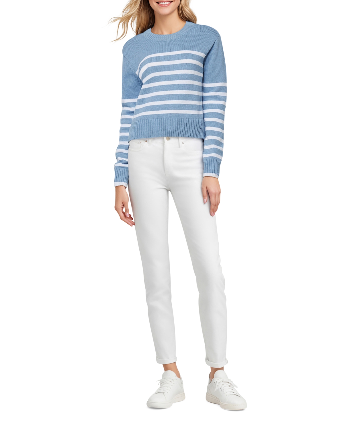 Three Dots Women's Marin Striped Long-sleeve Sweater In Faded Denim Stripe