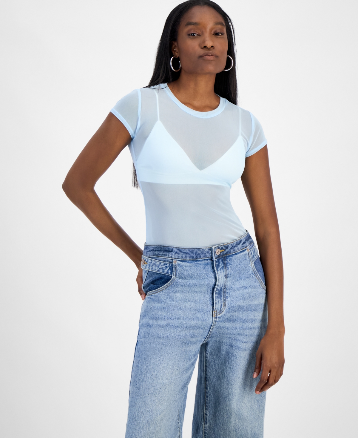 Women's Mesh Cap-Sleeve Semi-Sheer Top, Exclusively at Macy's - Oasis Blue