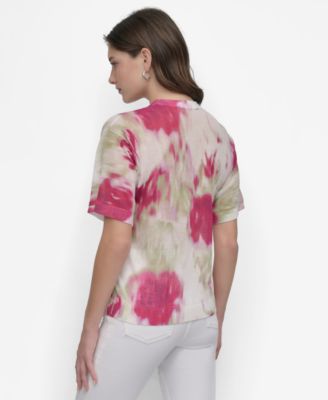 Женский свитер с коротким рукавом и акварельным принтом DKNY