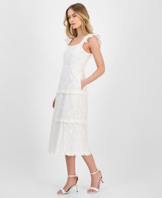 Women's Eyelet Square-Neck Tiered Midi Dress