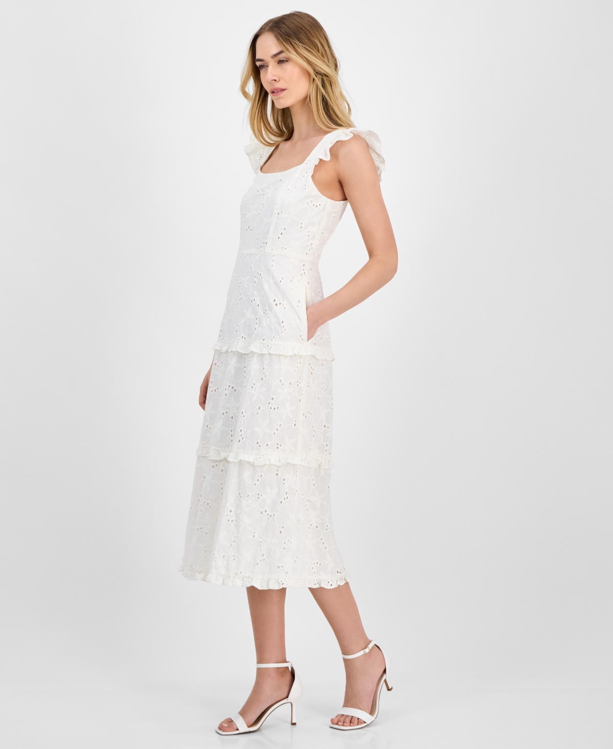 Anne Klein Embroidered Eyelet Cotton Tiered Midi Dress In Pearl White