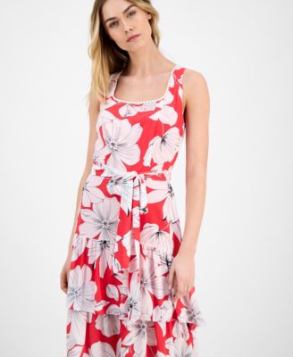 Женское платье с высокой талией и низким подолом от Anne Klein с принтом и завязками на талии