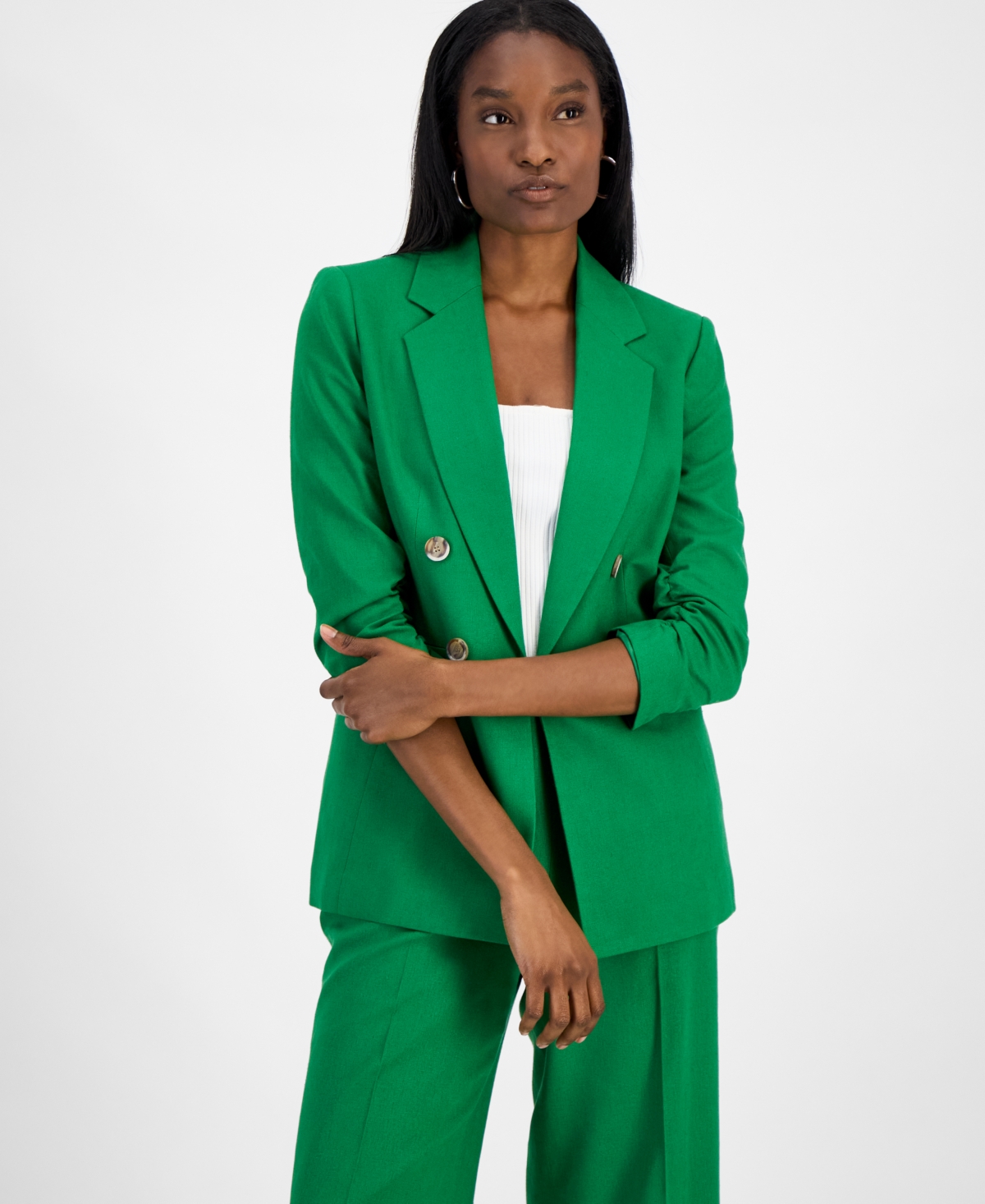 Bar Iii Womens Faux Double Breasted Blazer Sleeveless Honeycomb Top Cropped Wide Leg Pants Exclusively At Ma In Green Chili