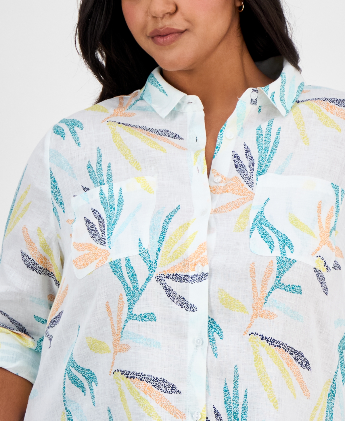 CHARTER CLUB PLUS SIZE 100% LINEN PALM PRINT SHIRT, EXCLUSIVELY AT MACY'S 