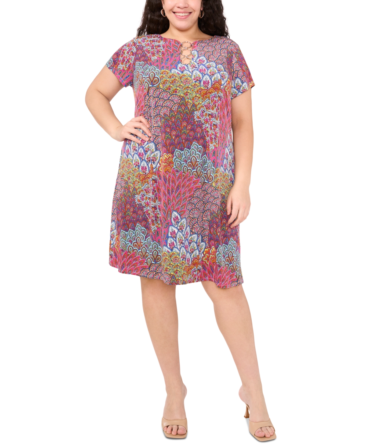 Plus Size Printed O-Ring Shift Dress - Sunlight Multi