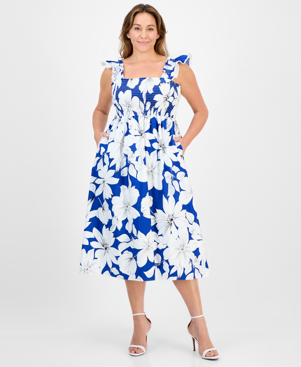 Anne Klein Plus Size Floral-Print Smocked Ruffled-Sleeve Cotton Midi Dress