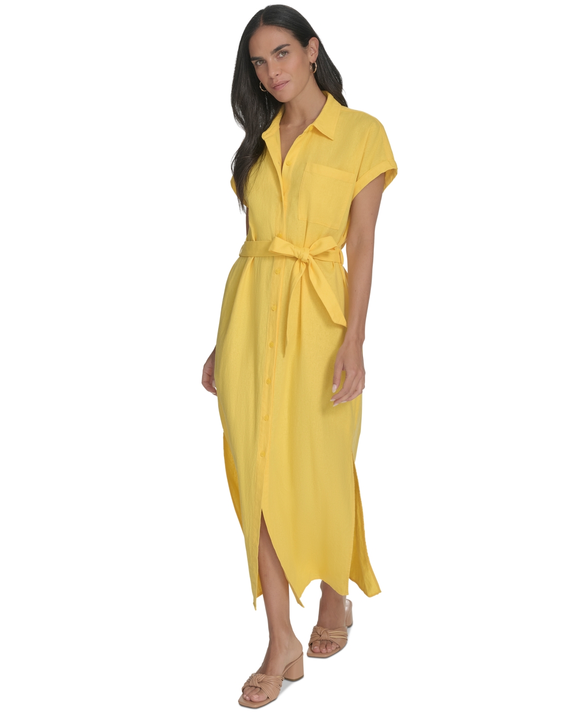 Shop Calvin Klein Women's Cuffed-sleeve Maxi Shirtdress In Daffodil