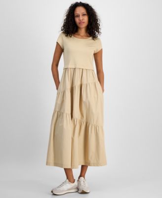 Women's Cotton Mixed Media Tiered Fit & Flare Dress