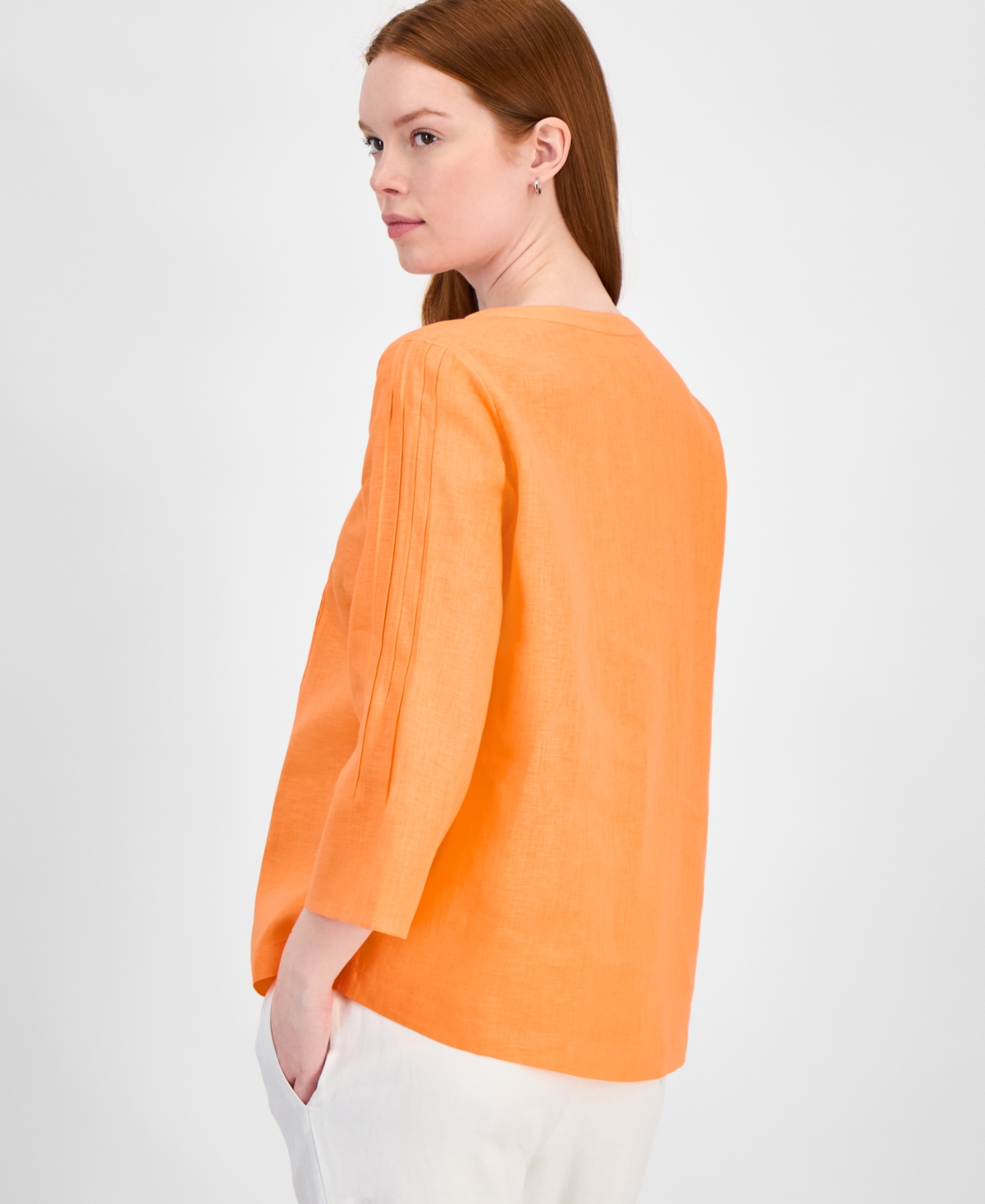 CHARTER CLUB WOMEN'S 100% LINEN PINTUCK-TRIM TOP, EXCLUSIVELY AT MACY'S 