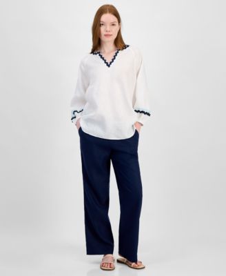 Женский топ с отделкой из 100% льна и брюки на завязках из 100% льна Charter Club, эксклюзивно от Macy's