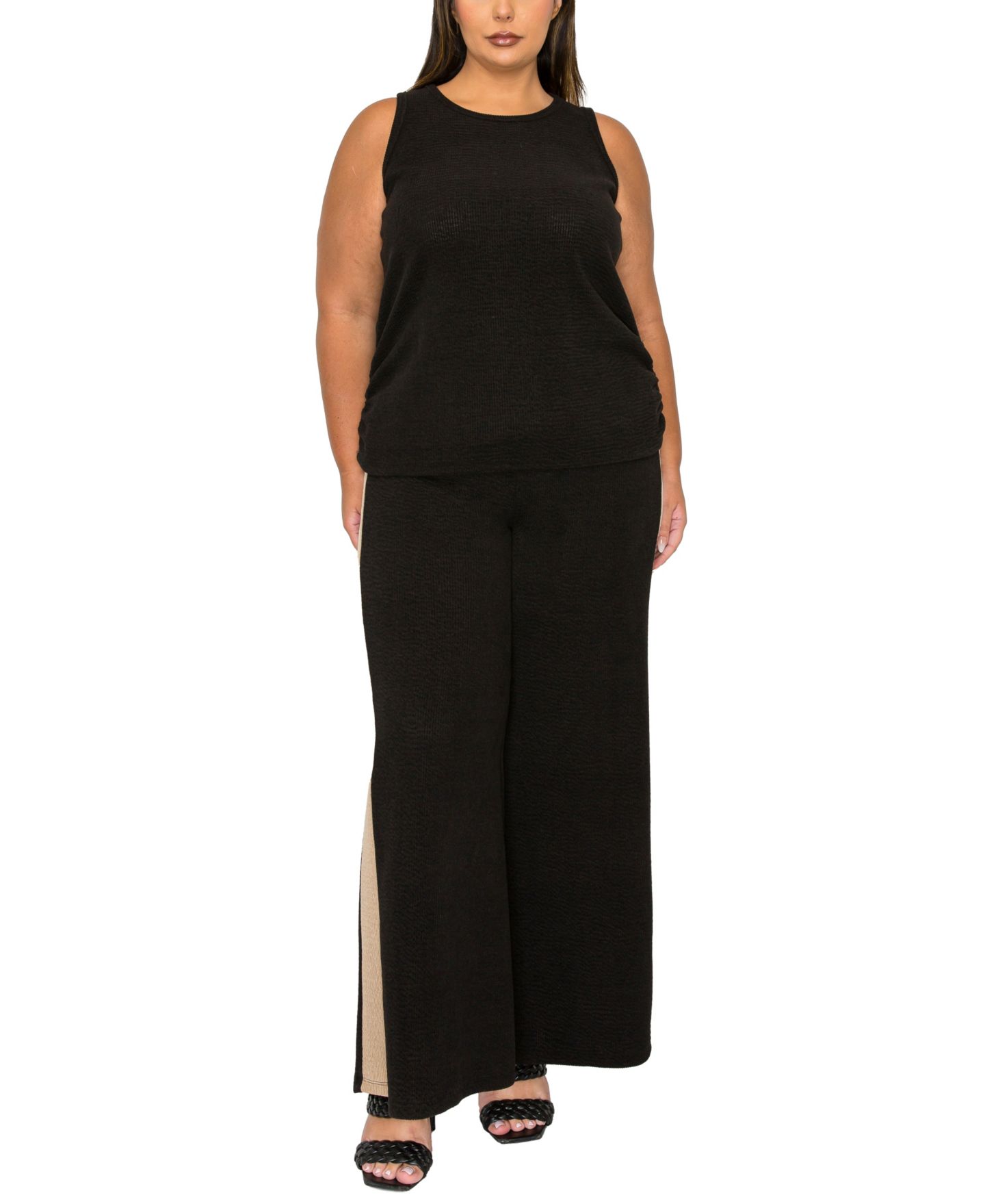 Женский топ COIN 1804 Plus Size Textured Rib Side Rushed Scoop Neck, цвет: Чёрный — фото 3