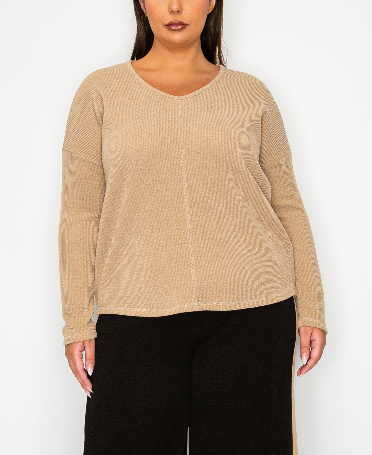 Plus Size Textured Rib Front Seam Dolman Long Sleeve Top - Taupe