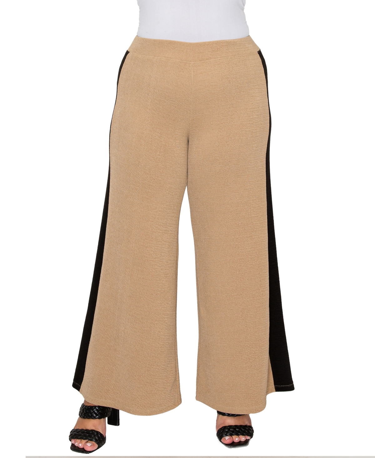 Plus Size Textured Rib Side Contrast Pants - Taupe