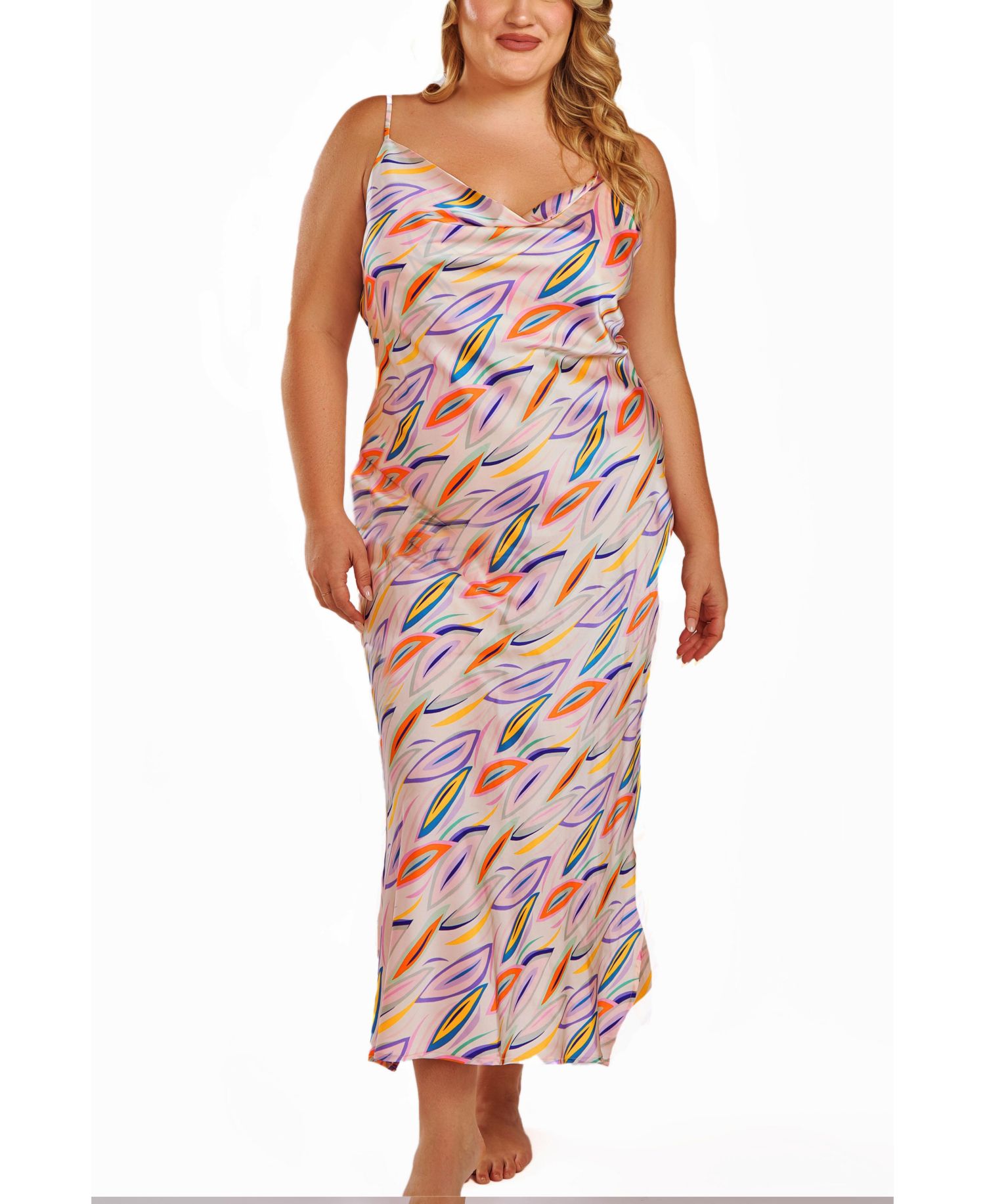 Plus Size Cowl Neck Satin Print Gown