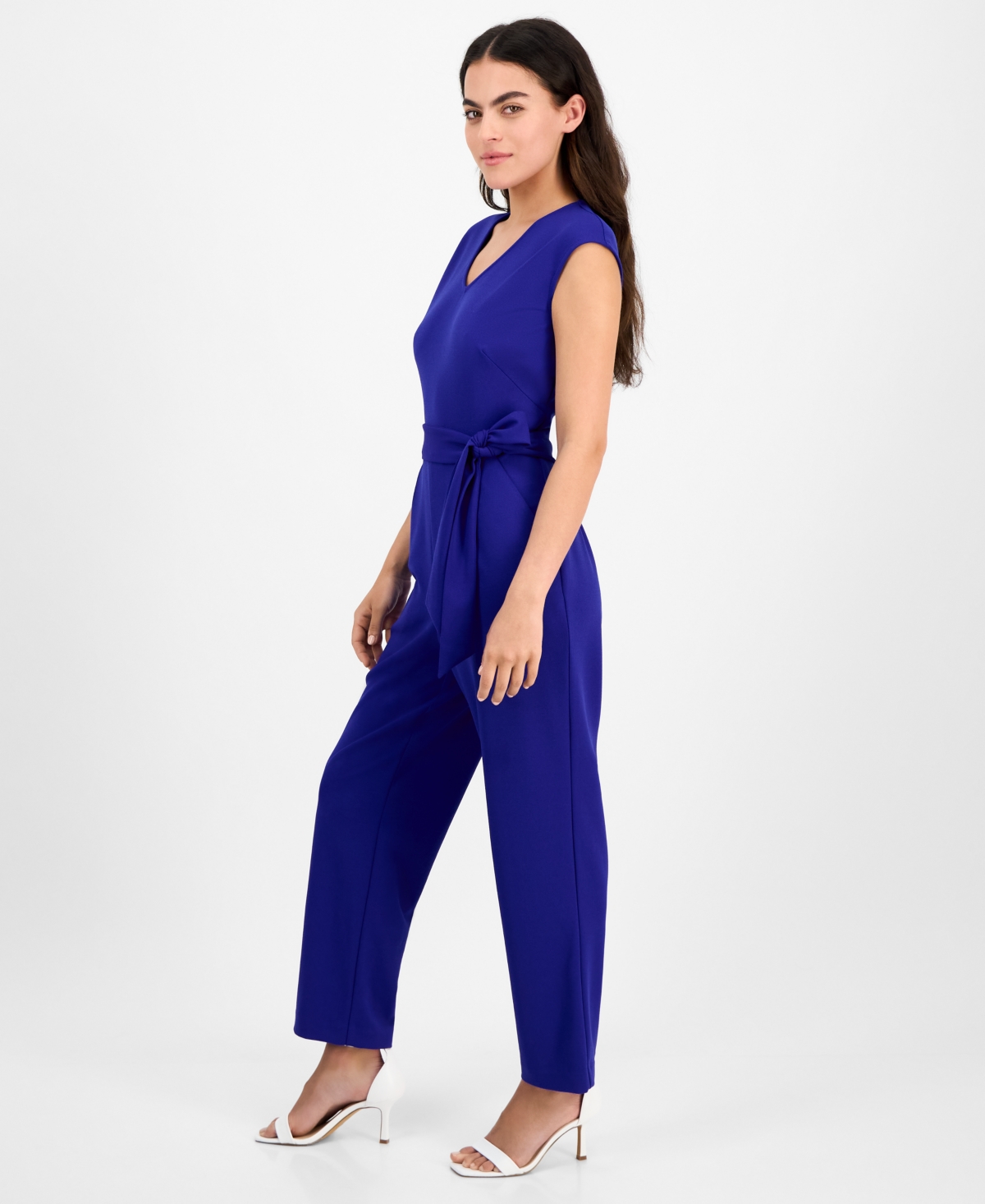 Ak Anne Klein Petite V-neck Belted Crepe Jumpsuit