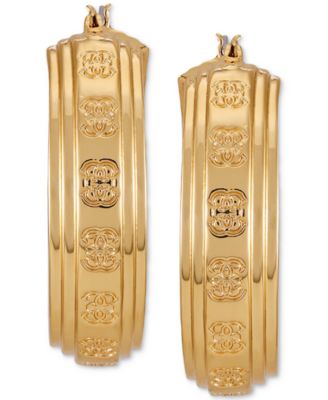 Gold-Tone Medium Textured Logo Hoop Earrings, 2" 