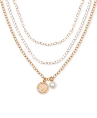 Трехслойное колье-подвеска GUESS с имитацией золотого жемчуга и логотипом, удлинитель 17 дюймов + 2 дюйма