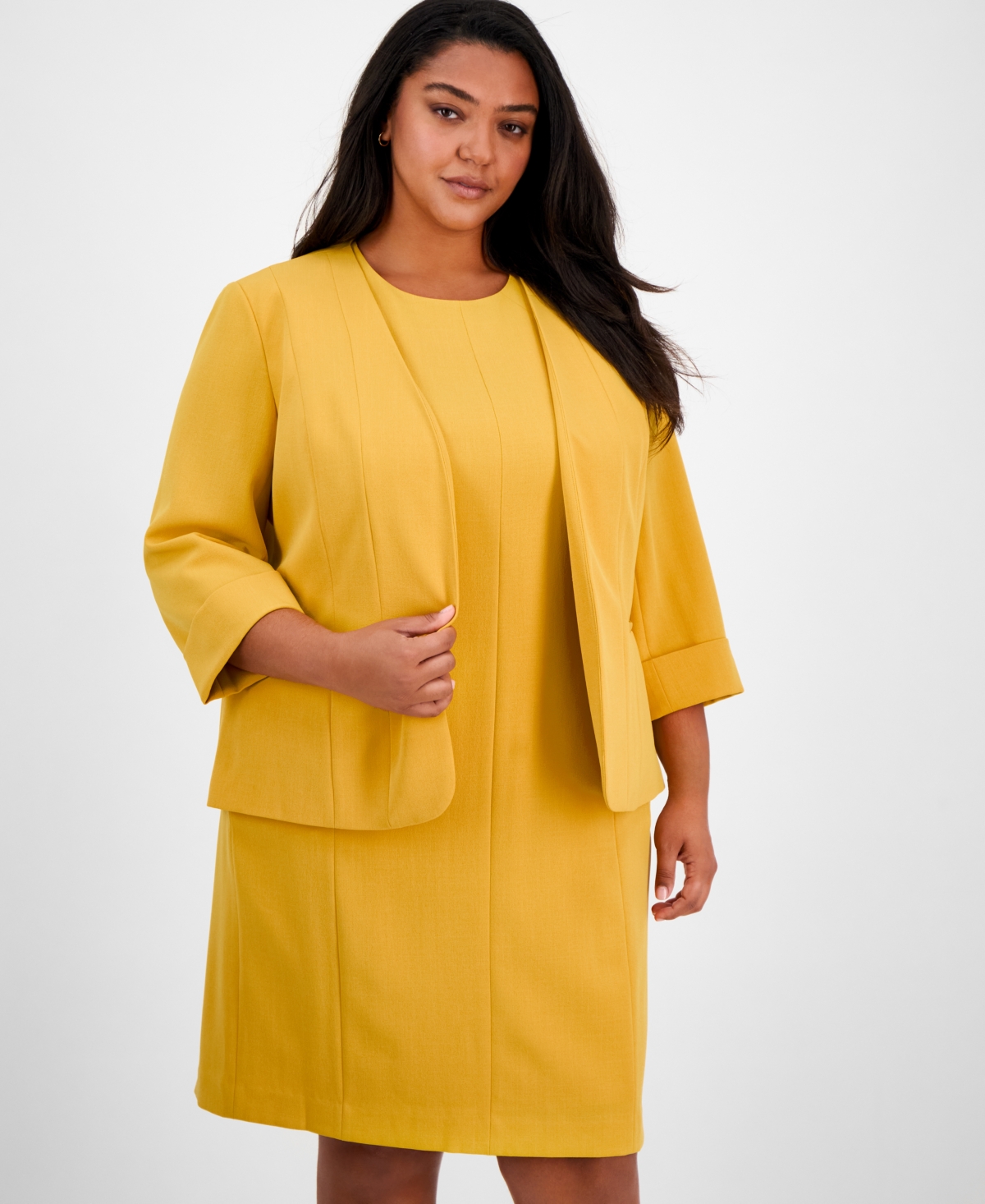 Plus Size Cuffed Open-Front Multi-Seam Blazer - Butterscotch