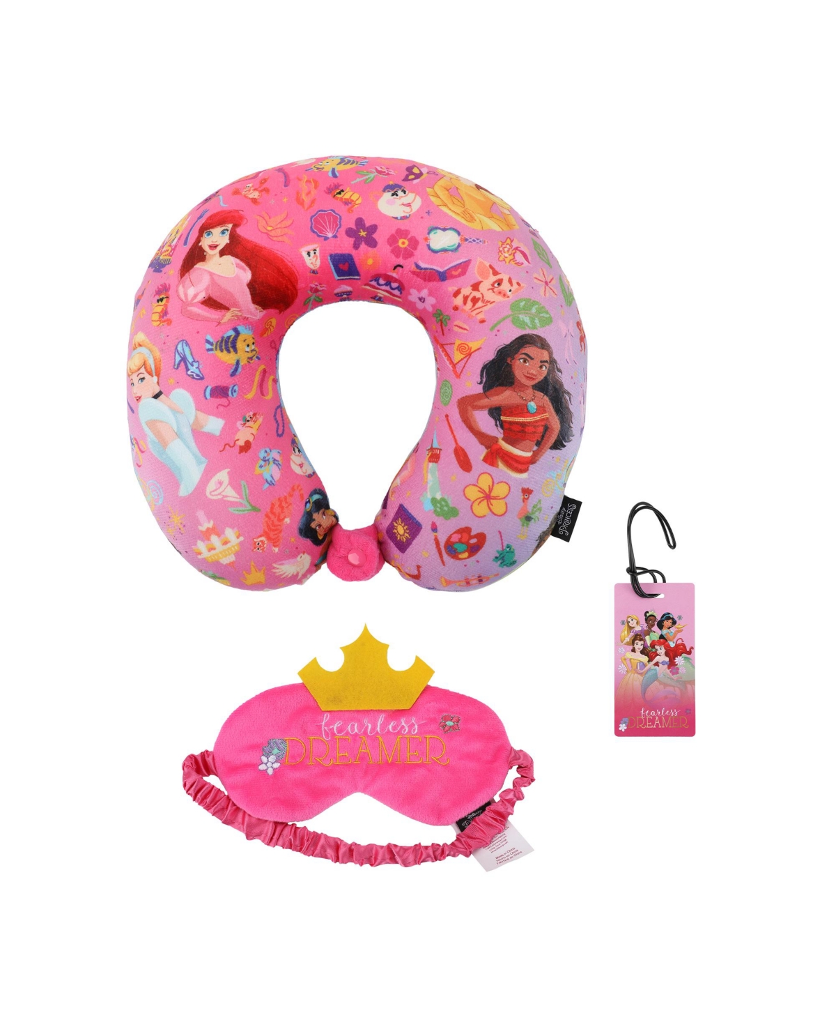 Princess 3-Piece Neck Pillow Travel Set With Eye Mask & Luggage Tag - Pink