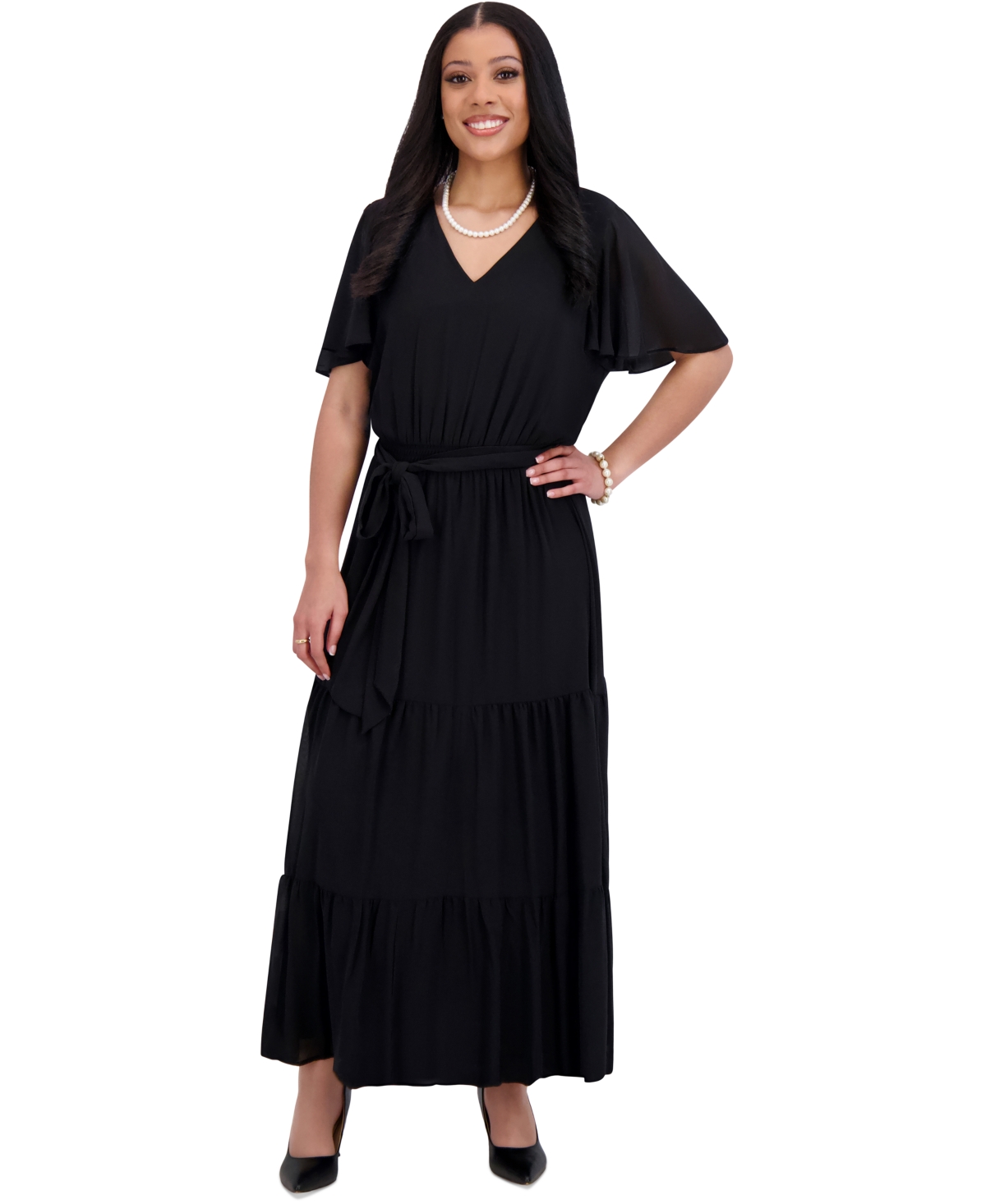 Kasper Women's V-neck Flutter-sleeve Maxi Dress, Regular & Plus Sizes In Black